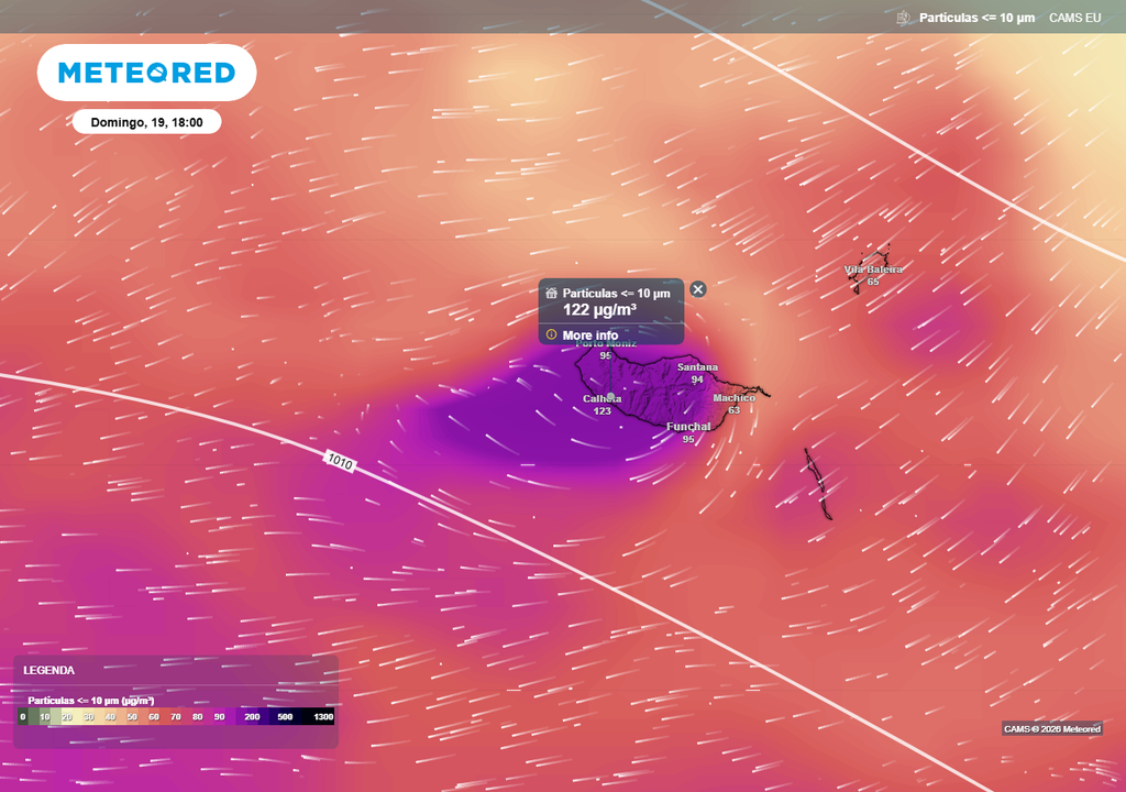 Recorde-se que o valor diário recomendado (e legalmente estabelecido) para as partículas PM10 é de 50 µg/m³. Ao longo de várias horas de domingo, 19 de abril, esse valor será largamente superado no arquipélago da Madeira (até 125 µg/m³), embora não durante as 24 horas.