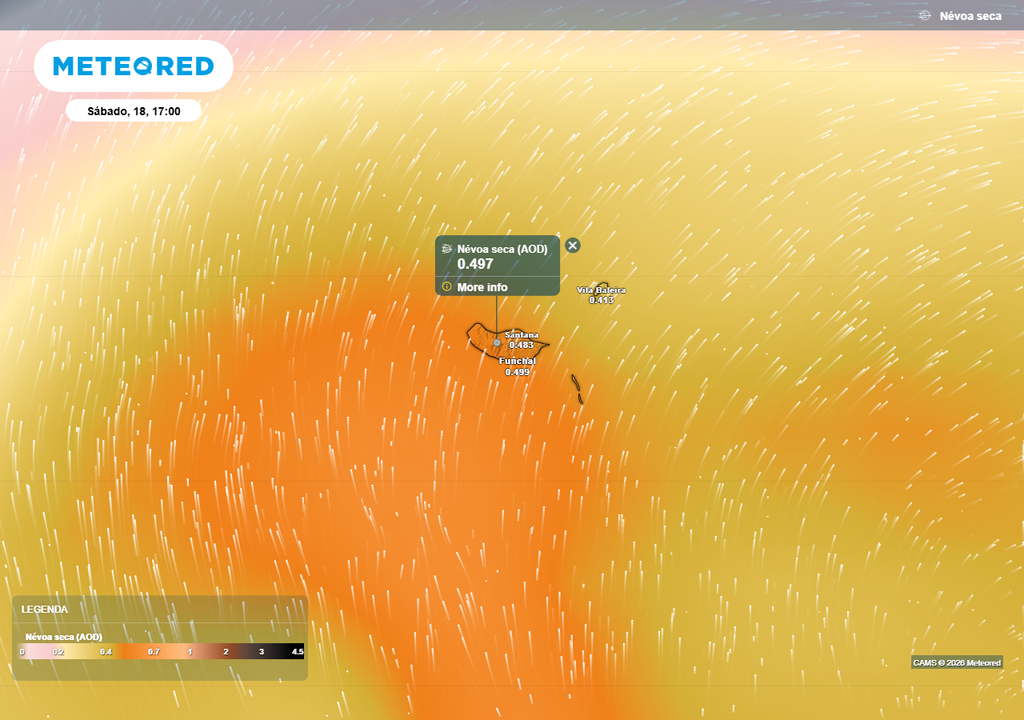 No período que decorrerá entre as 17:00 de sábado, dia 18 e as 03:00 de domingo, dia 19, prevê-se o pico da concentração de poeiras saarianas em suspensão sobre o Arquipélago da Madeira.