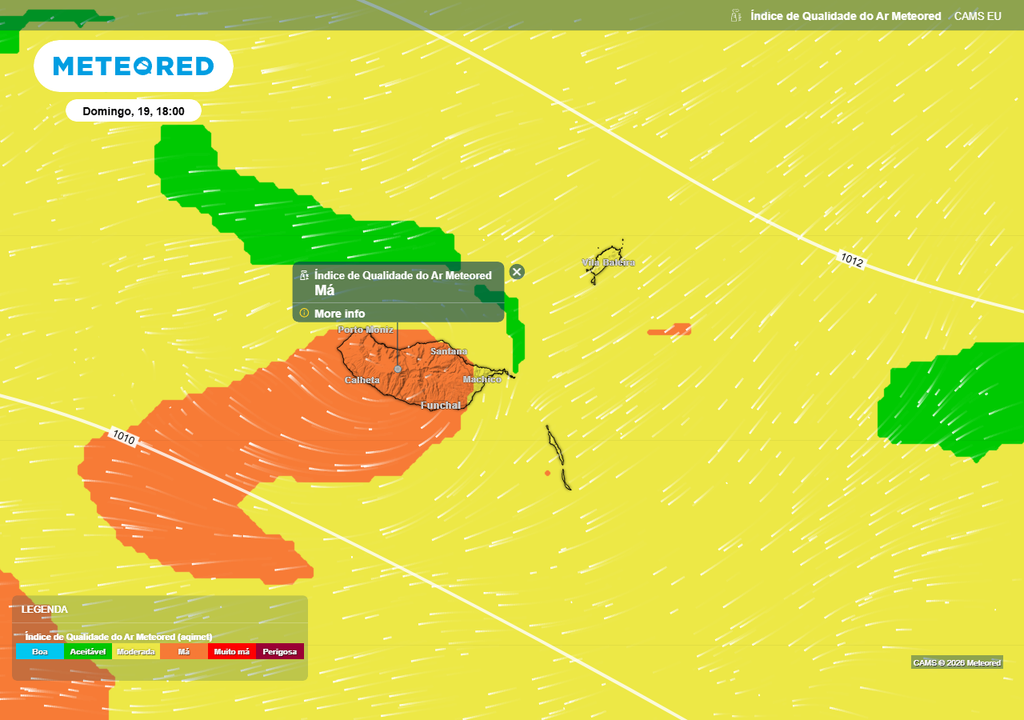 Embora no domingo (19) seja expectável uma diminuição gradual da concentração de poeiras, a persistência de partículas em suspensão deverá conduzir a um agravamento substancial da qualidade do ar na Região Autónoma da Madeira. Pelas 18:00 de domingo (19) prevê-se uma qualidade do ar "Má" na ilha da Madeira.