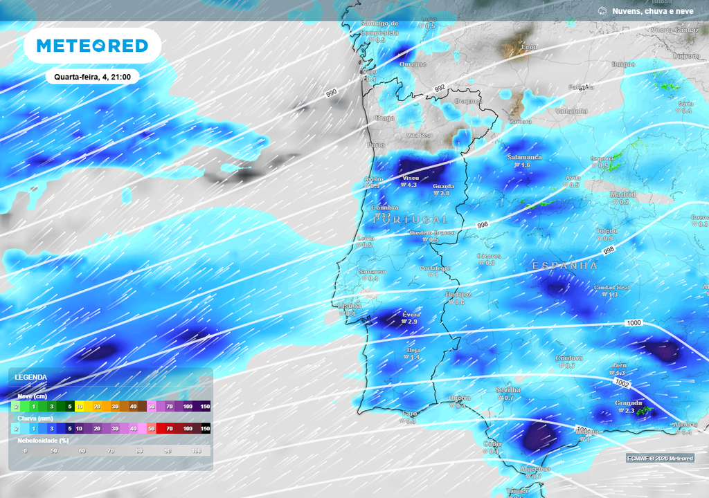Distribuição da precipitação prevista para a noite desta quarta-feira, evidenciando chuva mais intensa nas regiões Norte, Centro e Sul do continente, associada à passagem de sistemas frontais ligados à depressão Leonardo.