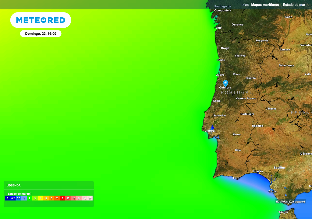 Agitação marítima contida ao longo da costa continental no domingo, associada a vento fraco a moderado e maior estabilidade atmosférica.