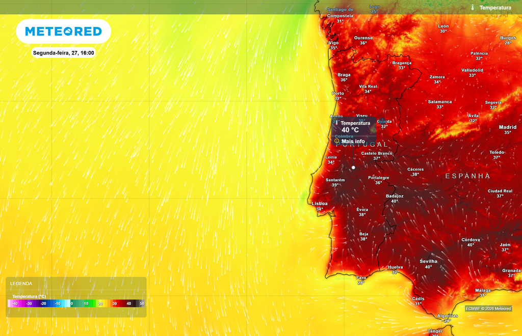 Apesar da subida térmica prevista para domingo (26), é para segunda-feira (27) que se prevê uma subida das temperaturas mais significativa, tanto em intensidade, como em área geográfica abrangida. Vários locais do país, sobretudo no interior Norte, vale do Tejo e Alentejo, entre outras zonas que se voltarão a aproximar dos 40 ºC.