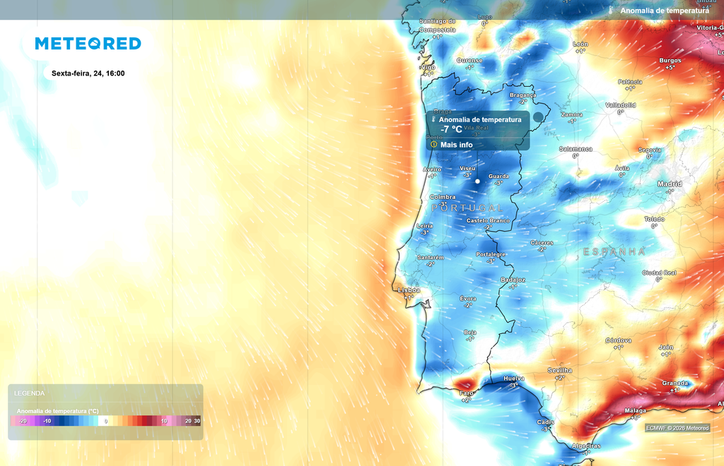 O mapa evidencia temperaturas geralmente abaixo da média na próxima sexta-feira, 24 de julho, estando estas anomalias térmicas negativas em Portugal continental ligadas à entrada de ar mais fresco, originalmente proveniente das latitudes polares, mas chegando cá mais temperado. Pelo meio, ainda interagirá com a bolsa de ar frio, gerando um período temporário de maior frescura no nosso país.