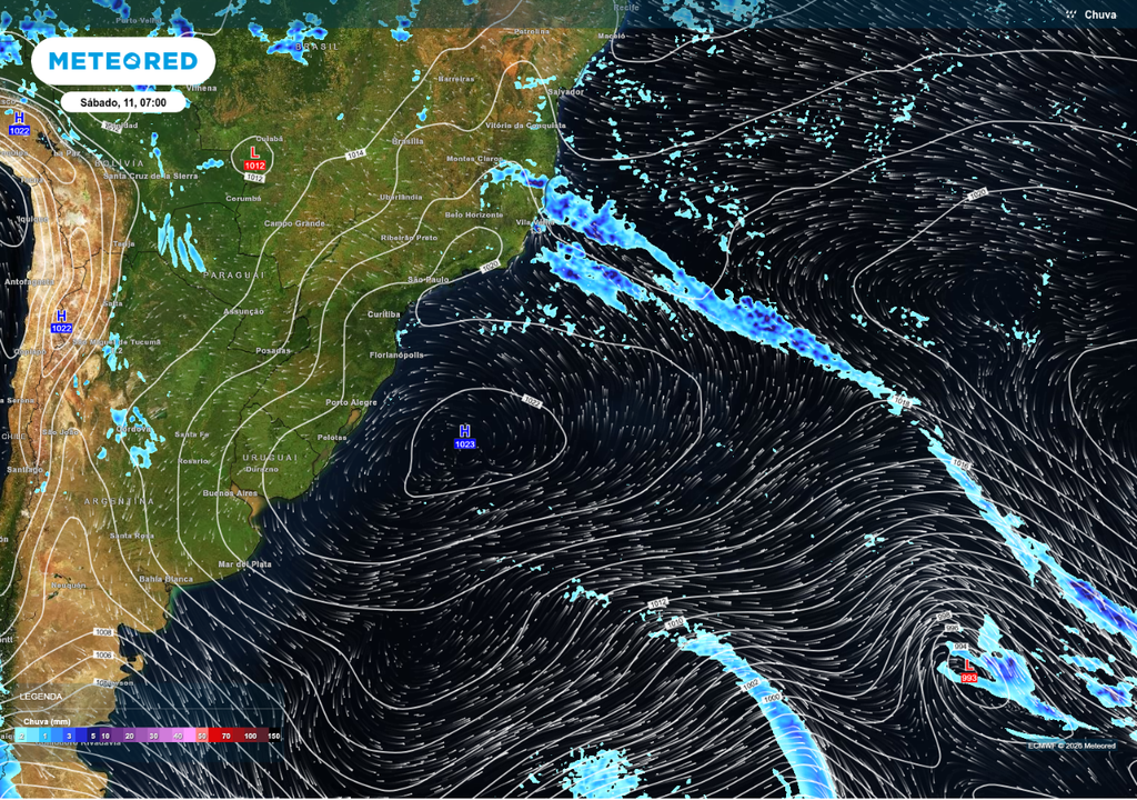 Previsão de pressão (linhas), vento (vetores) e chuva (escala de cores) neste sábado (11), de acordo com o ECMWF.