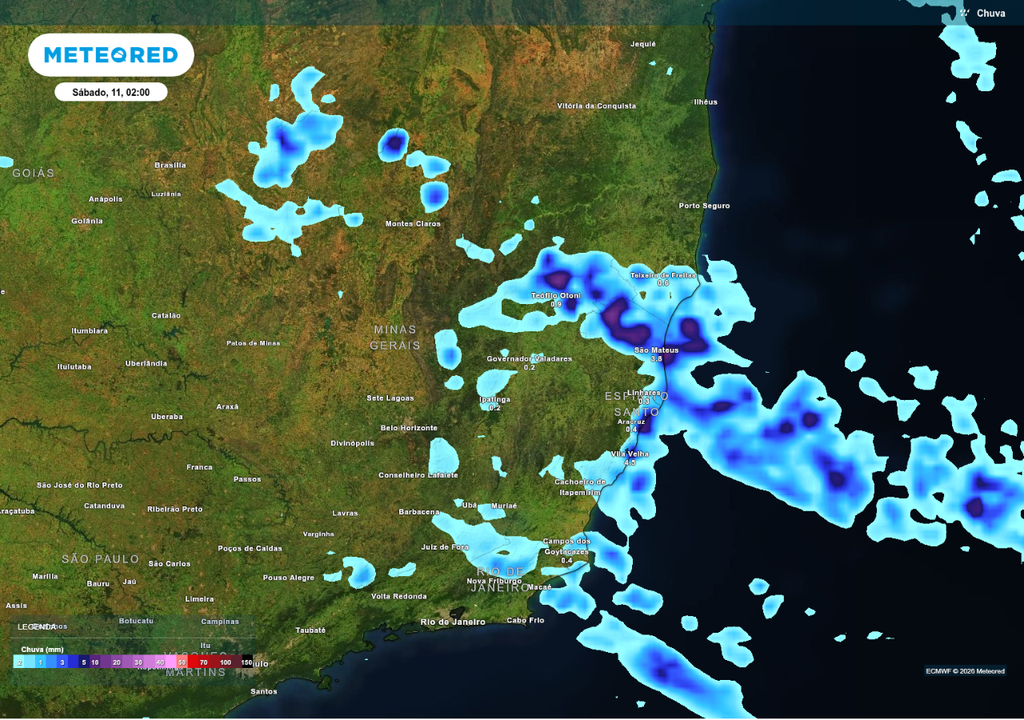 Previsão de chuva neste sábado (11), de acordo com o ECMWF.