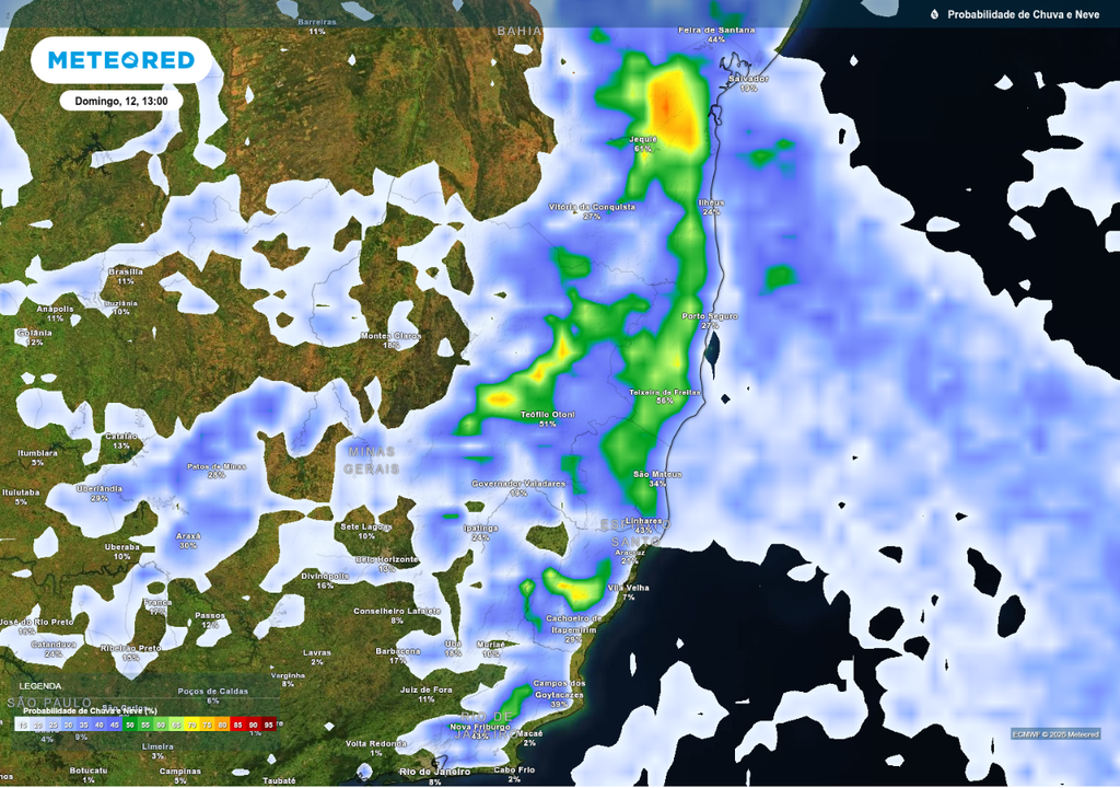 Previsão de probabilidade de chuva neste domingo (12), de acordo com o ECMWF.