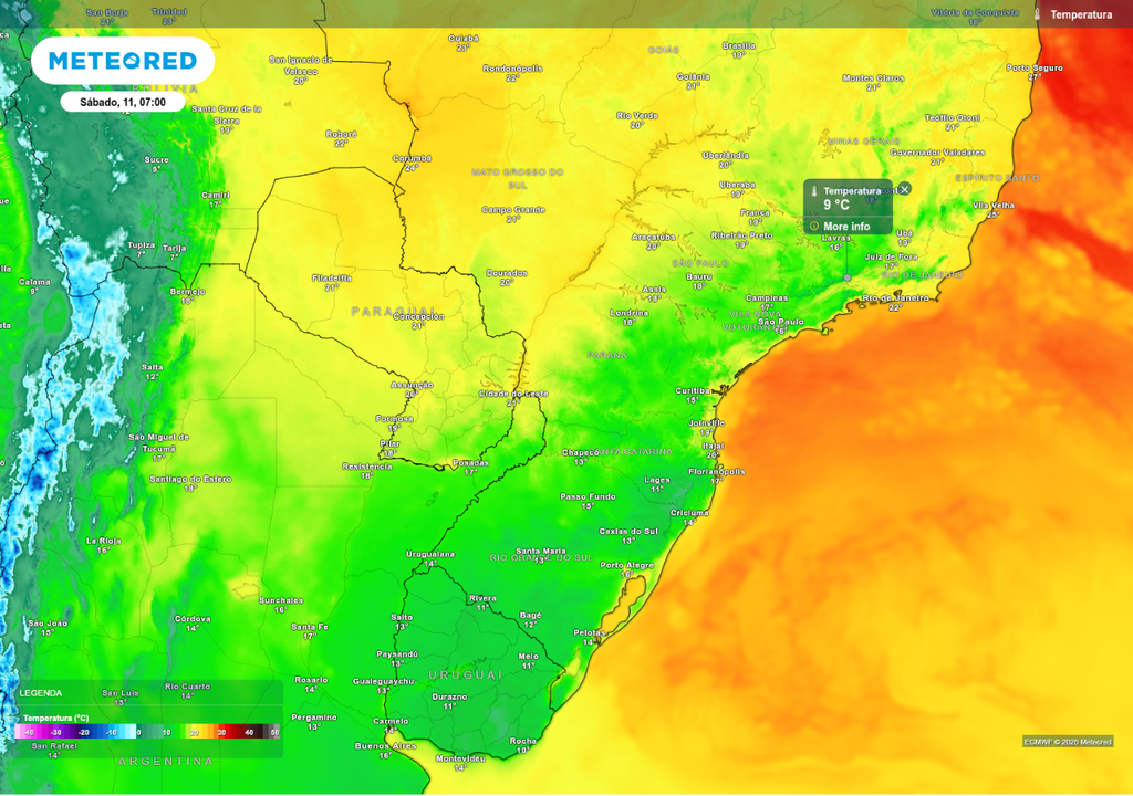 Previsão de temperatura mínima no sábado (11), de acordo com o ECMWF.