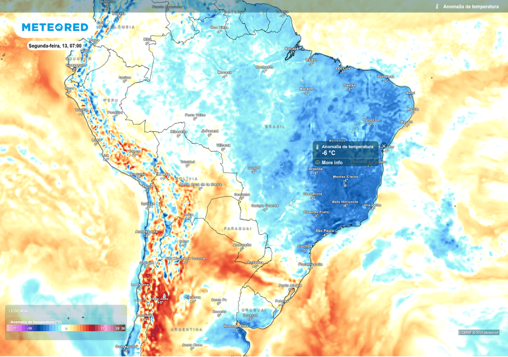 Previsão de anomalia de temperatura na segunda-feira (13), de acordo com o ECMWF.
