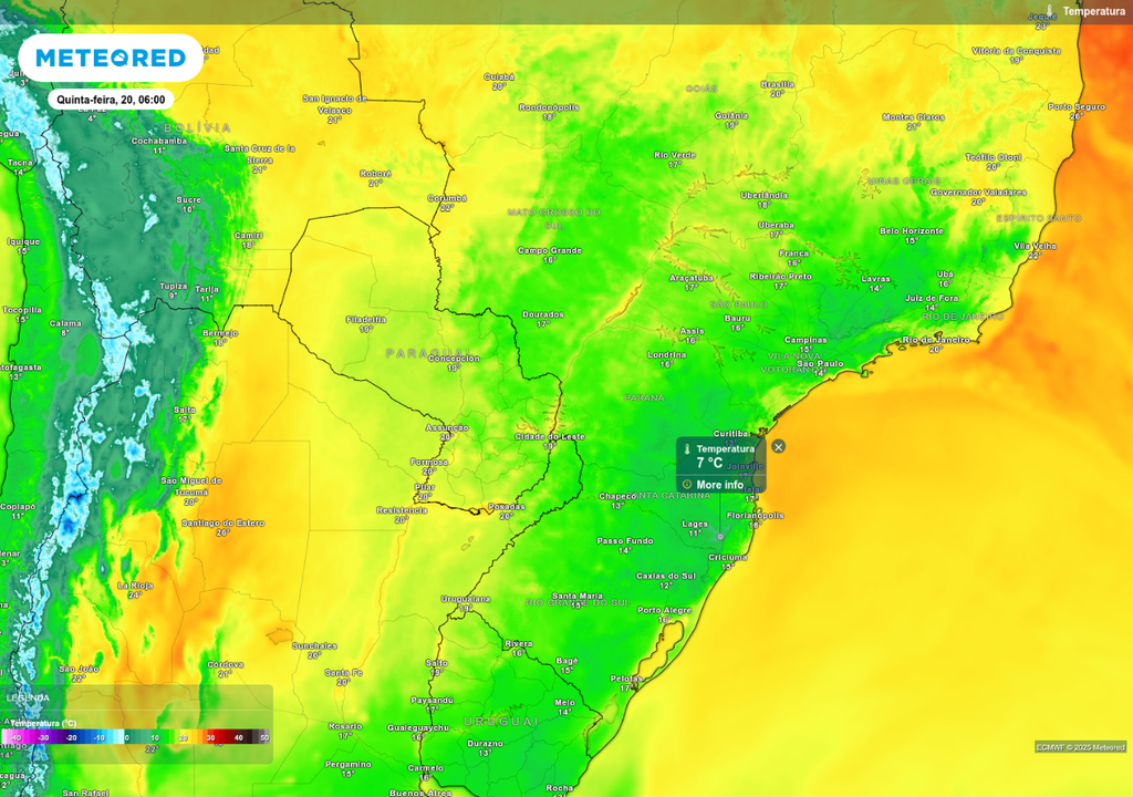 Previsão de temperatura mínima nesta quinta-feira (20), de acordo com o ECMWF.