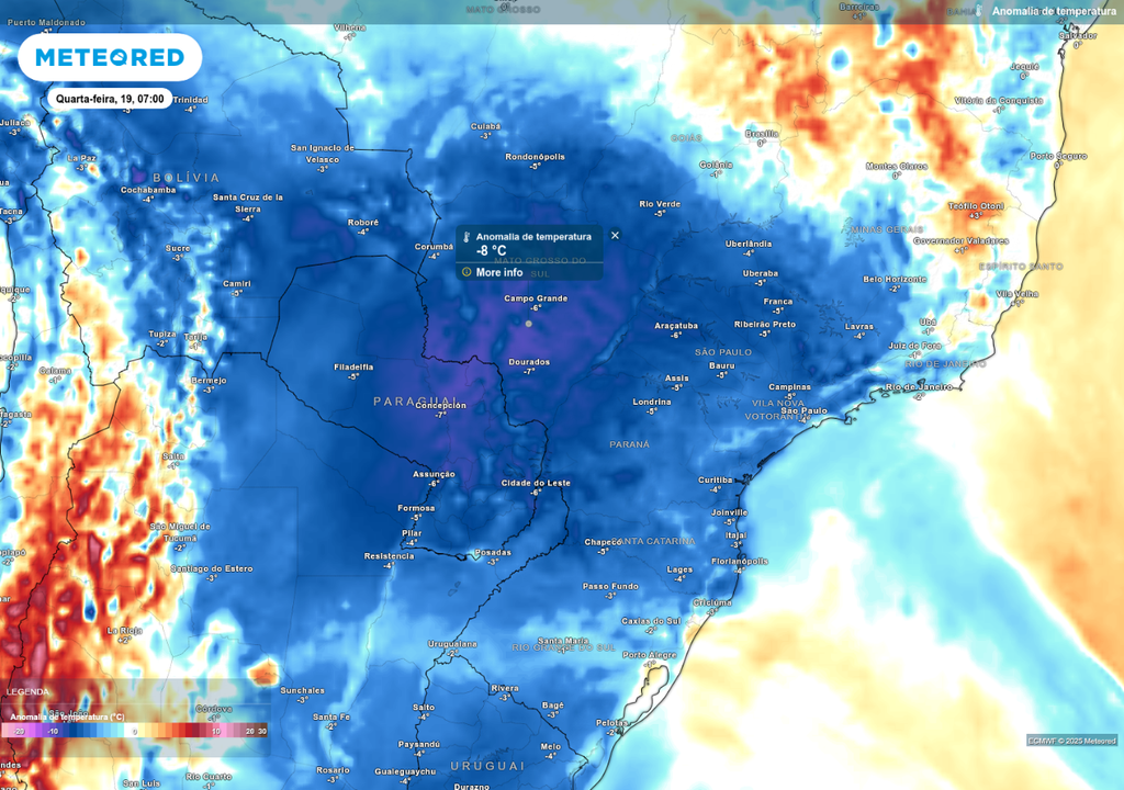Previsão de anomalia de temperatura mínima nesta quarta-feira (19), de acordo com o ECMWF.