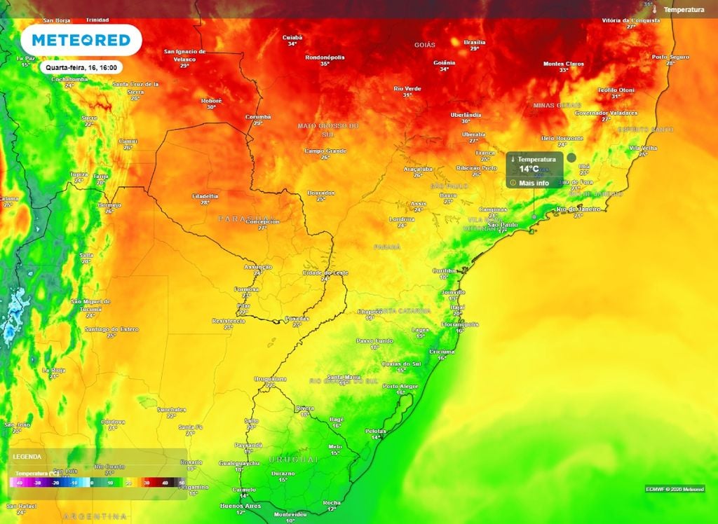 Temperatura máxima. Temperatura máxima prevista para a tarde desta quarta-feira (16). Frio se mantém em áreas do leste do Sul e Sudeste.