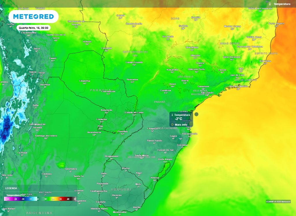 Temperatura mínima de quarta-feira. O mapa mostra a previsão da temperatura mínima para as primeiras horas desta quarta-feira (16), termômetros abaixo de 0°C na Serra Catarinense.