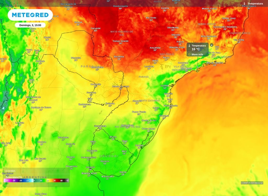 Máxima prevista para o Sul e Sudeste do Brasil neste domingo (3), segundo o modelo ECMWF.