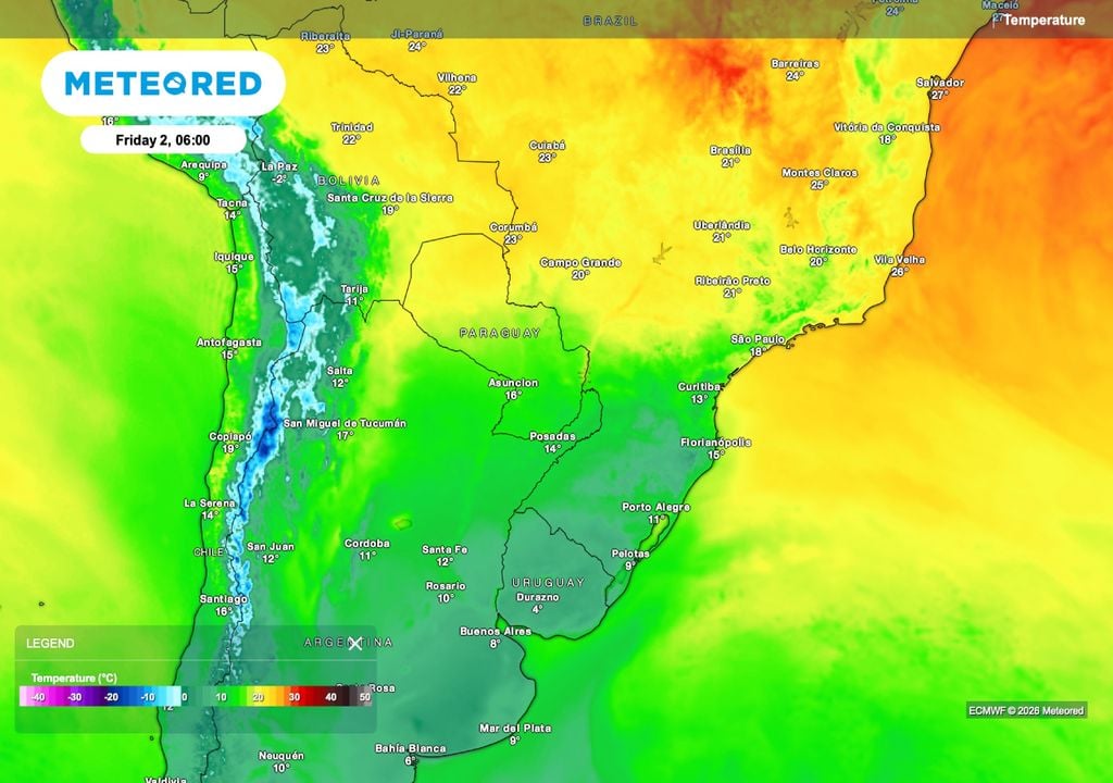 frio, sudeste, sul Previsão da temperatura do ar (°C) para sexta-feira (2), às 6h.