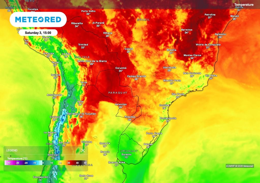 calor, frio, sudeste Previsão da temperatura do ar (°C) para sábado (3), às 15h.