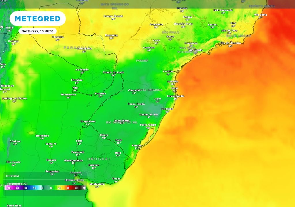 Previsão de temperaturas mínimas na sexta-feira de madrugada mostra que a maior parte da região Sul registrará temperaturas abaixo dos 20°C, com alguns municípios abaixo dos 10°C.