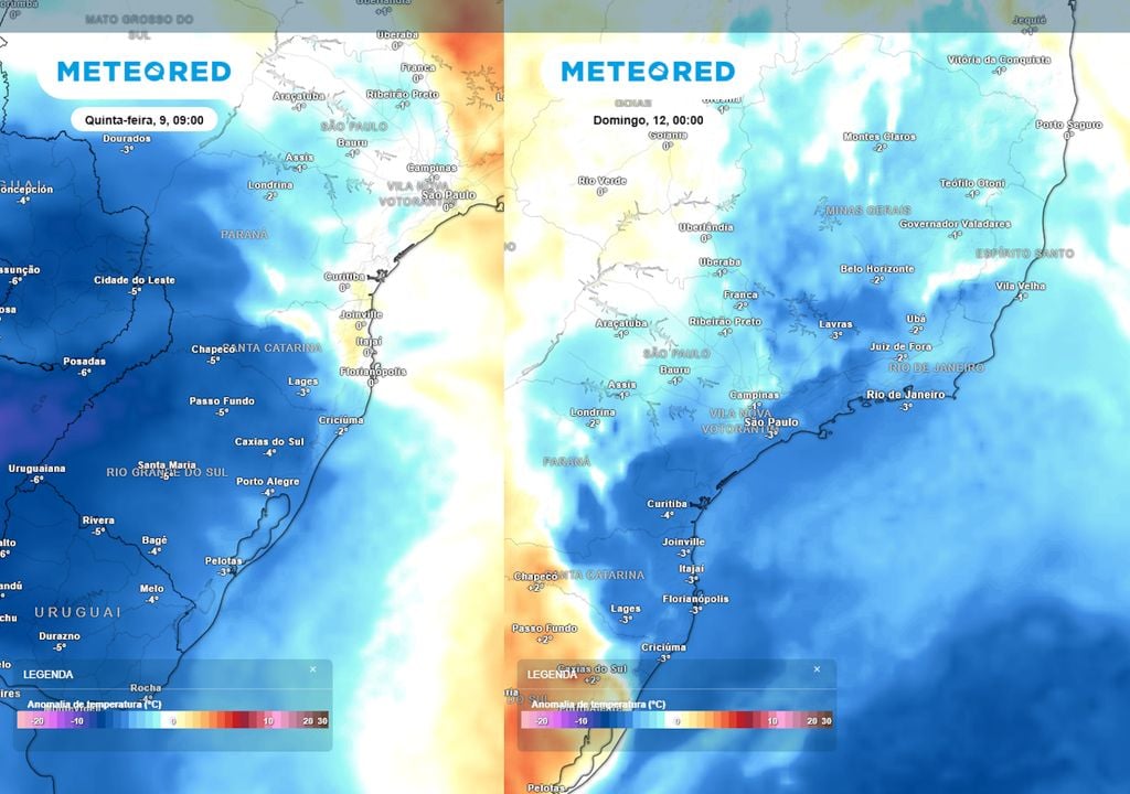 Previsão de anomalias de temperatura em 850 hPa na quinta-feira de manhã (esquerda) e domingo de madrugada (direita) ilustra o avanço da massa de ar frio pelo Sul e Sudeste do país.