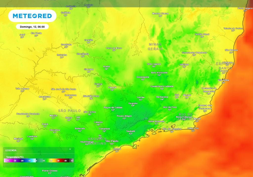 Previsão de temperaturas mínimas no domingo de madrugada mostra que a maior parte da região Sudeste registrará temperaturas abaixo dos 20°C, com frio intenso na Serra da Mantiqueira.