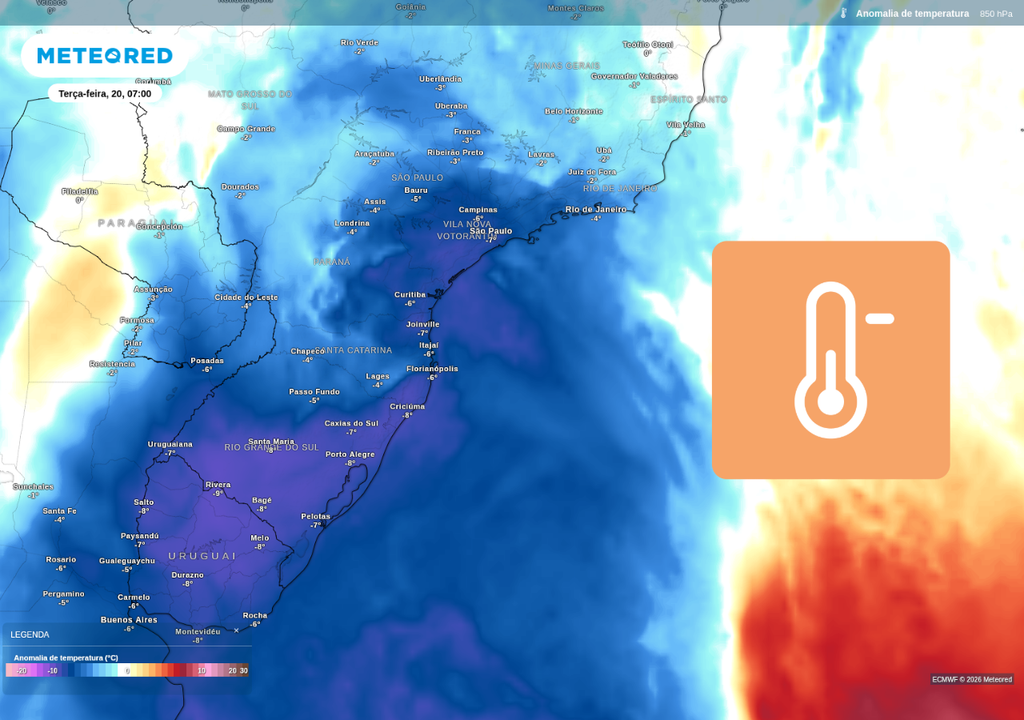 As temperaturas mínimas previstas serão até 9°C abaixo da média em algumas áreas.