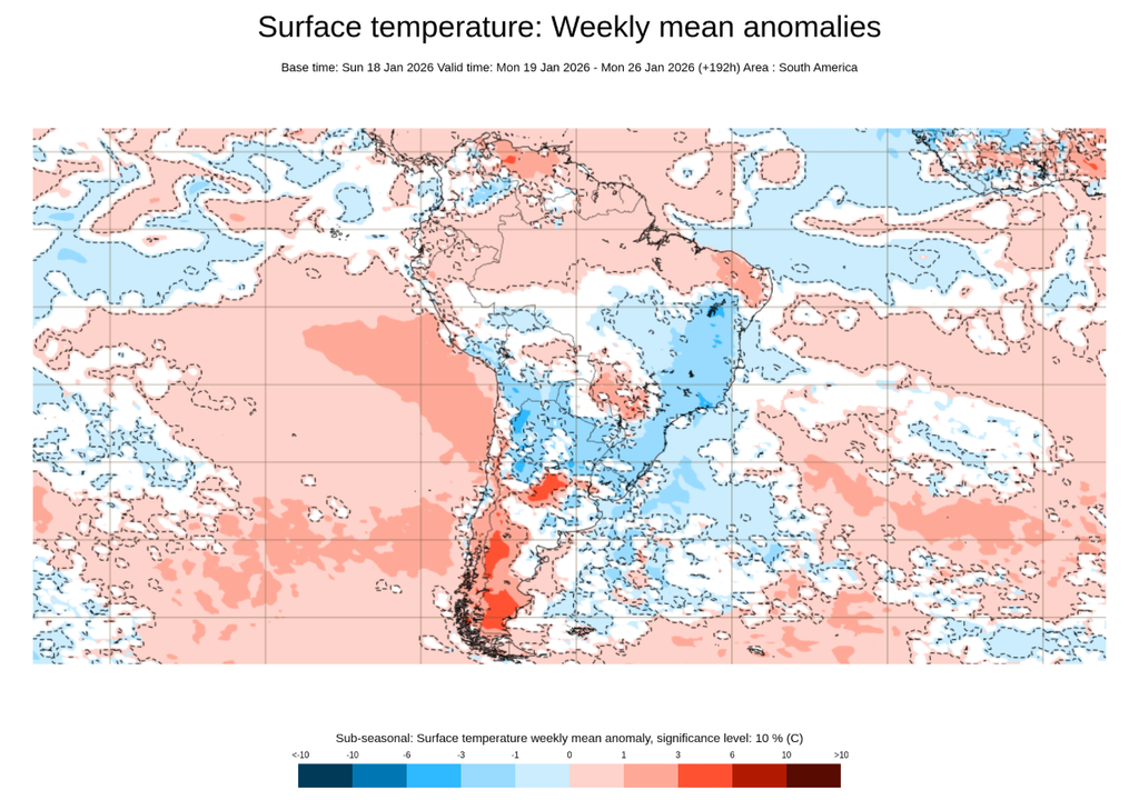 Previsão de anomalia semanal de temperatura, de acordo com o ECMWF. Créditos: ECMWF.