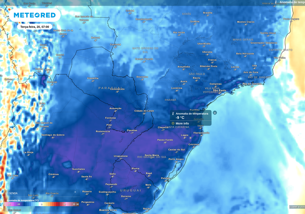 Previsão de anomalia de temperatura mínima nesta terça-feira (20), de acordo com o ECMWF.