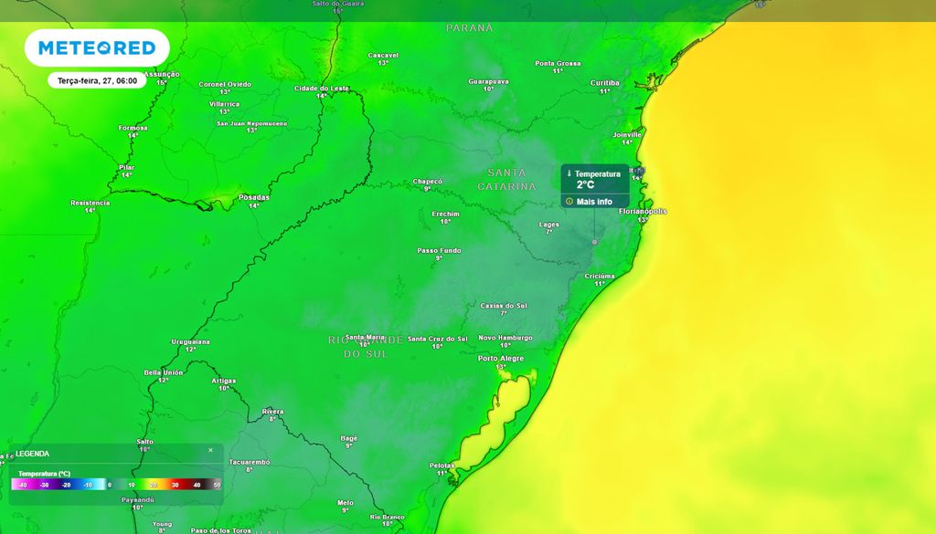 Previsão de temperaturas mínimas na terça-feira. Previsão de temperaturas mínimas na terça-feira mostra que há previsão de temperaturas muito próximas dos 0°C na região Sul, especialmente nas serras gaúcha e catarinense.