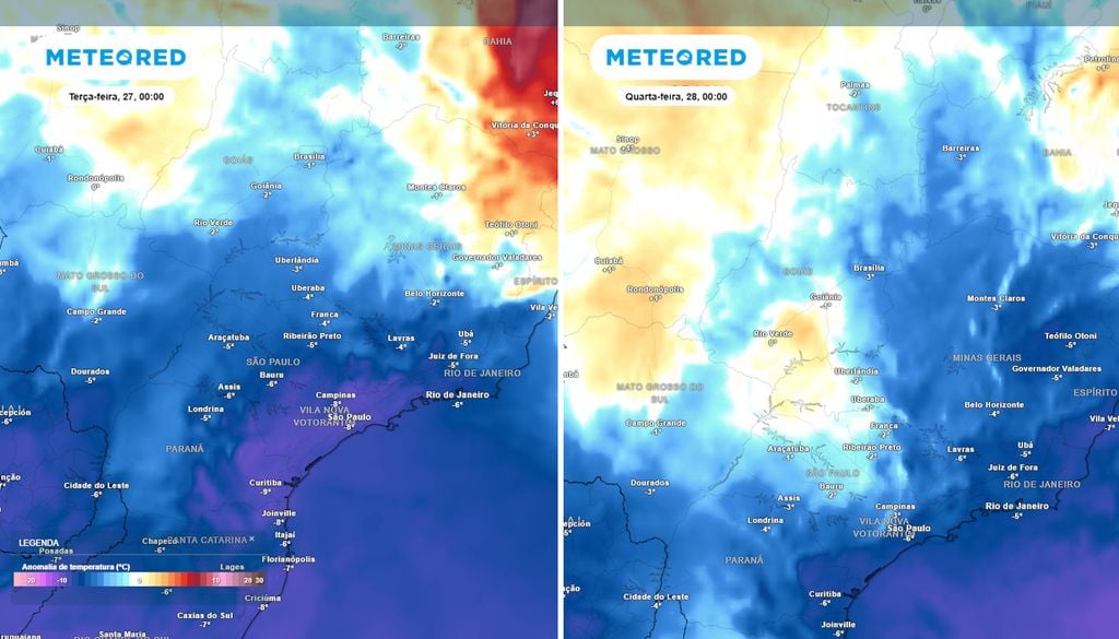 Previsão de avanço da massa de ar frio ao longo da terça-feira. Previsão de avanço da massa de ar frio ao longo da terça-feira mostra que o sistema será capaz de fazer as temperaturas caírem até mesmo em parte do Norte e do Nordeste do país.