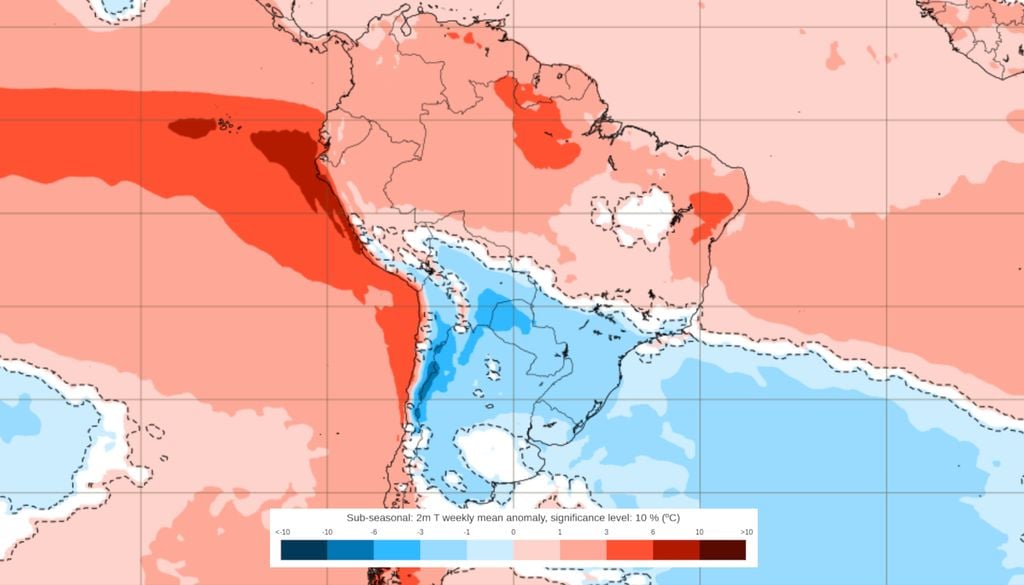 Previsão de anomalias de temperatura entre os dias 26 de Outubro e 2 de Novembro. Previsão de anomalias de temperatura entre os dias 26 de Outubro e 2 de Novembro mostra que uma onda de frio manterá as temperaturas abaixo da média sobre o centro-sul do Brasil.