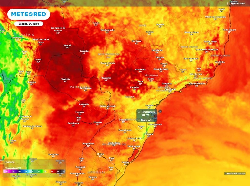 Previsão da temperatura máxima (em °C) para a tarde (15h) do sábado (21), segundo o modelo europeu ECMWF.