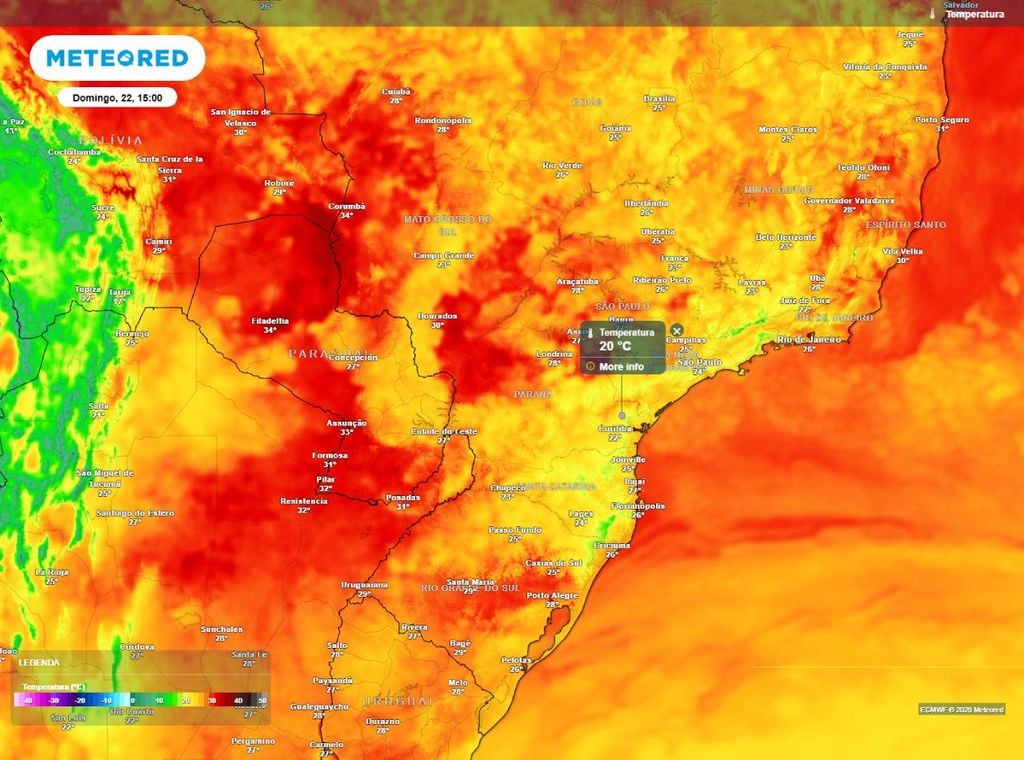 Previsão da temperatura máxima (em °C) para a tarde (15h) do domingo (22), segundo o modelo europeu ECMWF.
