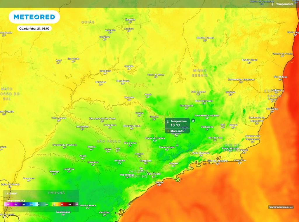 Previsão da temperatura mínima do ar (em °C) para quarta-feira (21), segundo o modelo europeu ECMWF.