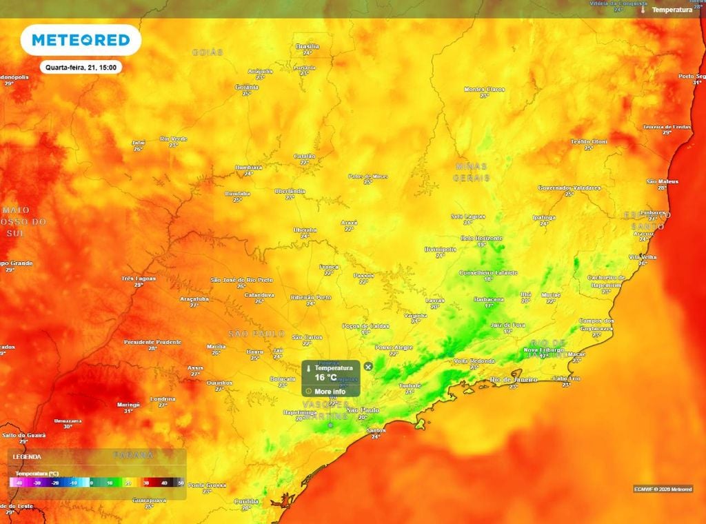 Previsão da temperatura máxima do ar (em °C) para quarta-feira (21), segundo o modelo europeu ECMWF.