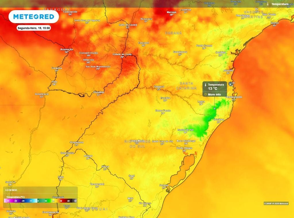 Previsão da temperatura máxima do ar (em °C) para segunda-feira (19), segundo o modelo europeu ECMWF.