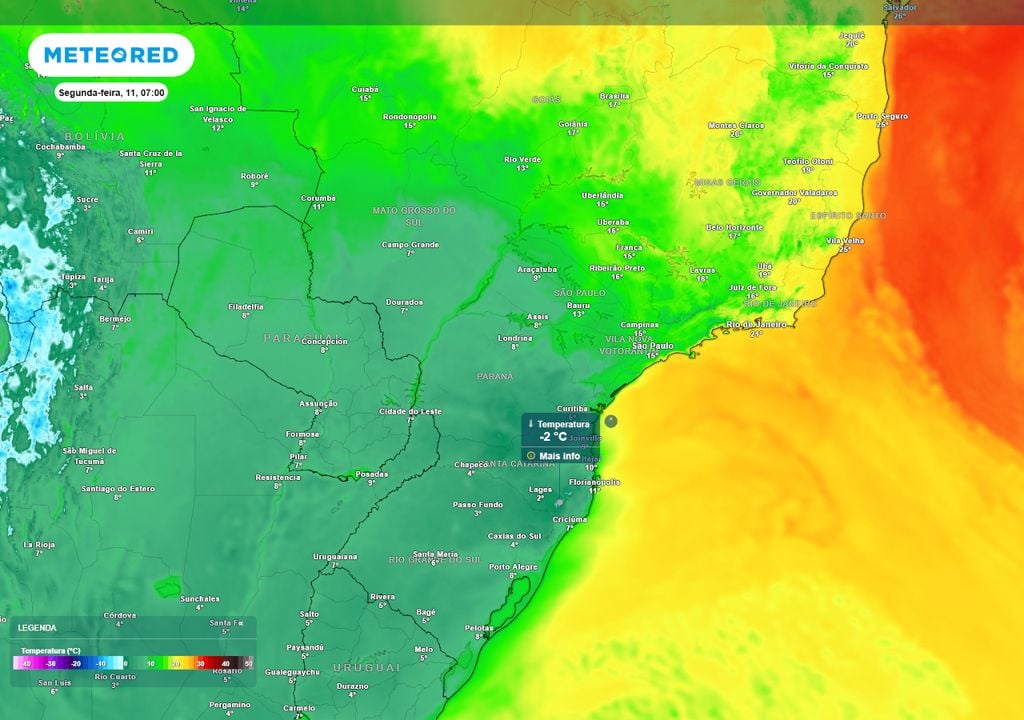 Previsão de temperaturas mínimas na segunda-feira durante a madrugada e a manhã mostra que o centro-sul do país registrará temperaturas de até -2°C, com ocorrência de geadas fortes.