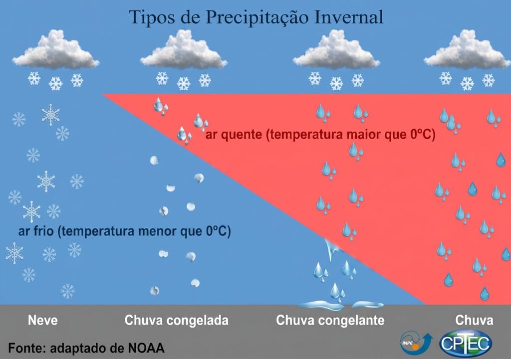 Imagem ilustrativa do modelo conceitual para formação de precipitação invernal como chuva congelante, chuva congelada e neve (imagem: INPE / CPTEC / NOAA / Bruno Capucin)