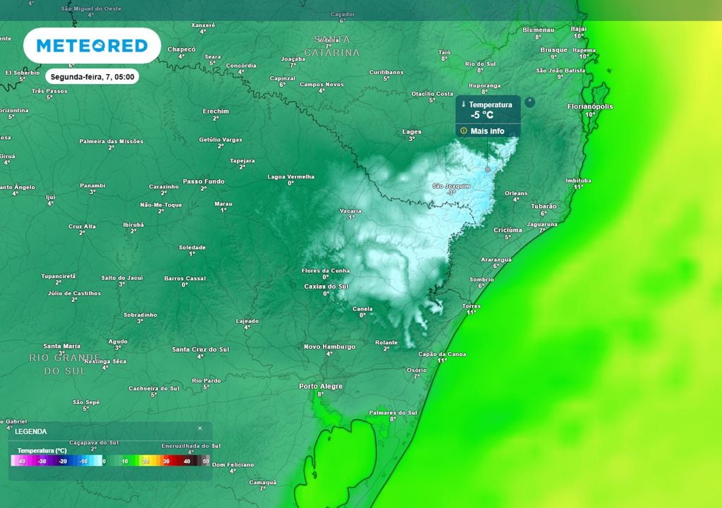 Previsão de temperaturas mínimas na segunda-feira. Previsão de temperaturas mínimas na segunda-feira na região serrana de Santa Catarina e do Paraná mostra ocorrência de temperaturas negativas de -5°C. Valores reais chegam a -9°C.