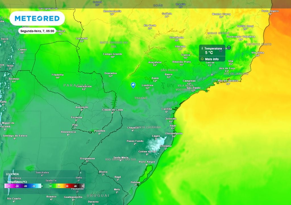 Previsão de temperaturas mínimas na segunda-feira. Previsão de temperaturas mínimas na segunda-feira mostra que temperaturas abaixo dos 10°C também podem ser registradas em parte do Sudeste e no sul do MS, com chance de geadas.