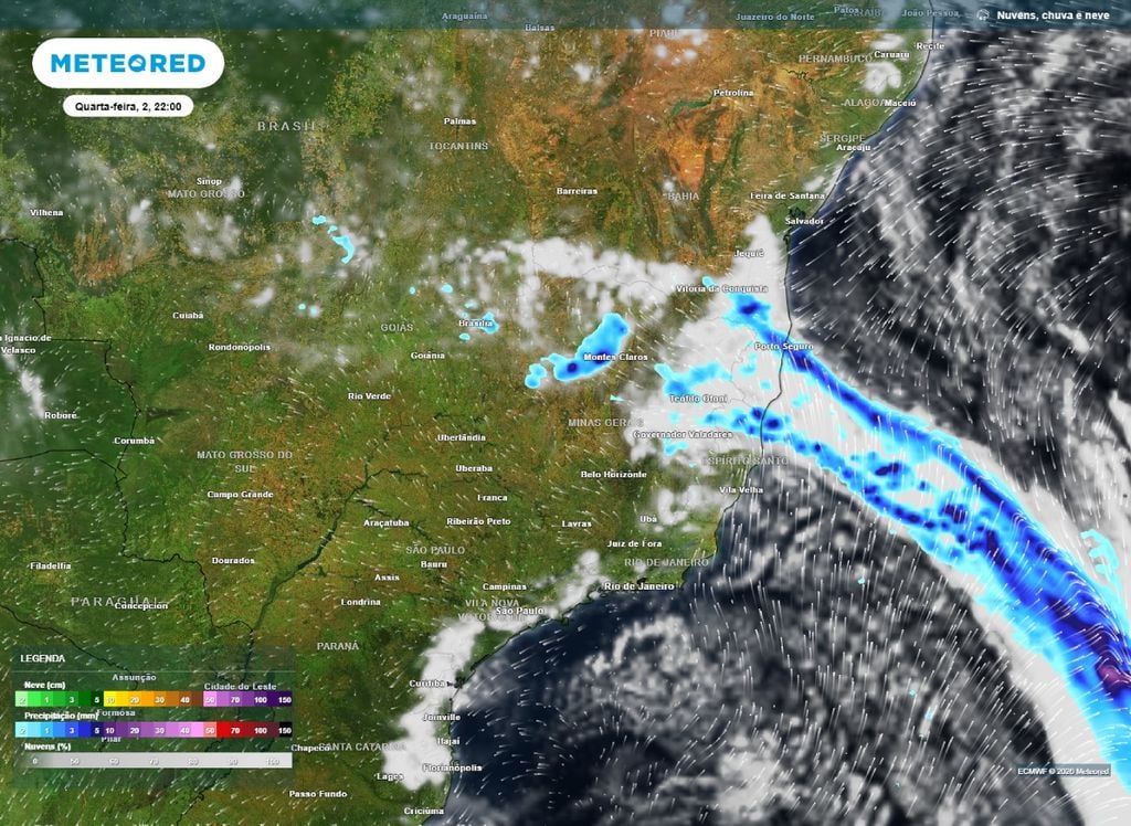 Frente fria atua sobre o sul da Bahia na noite desta quarta-feira (2).