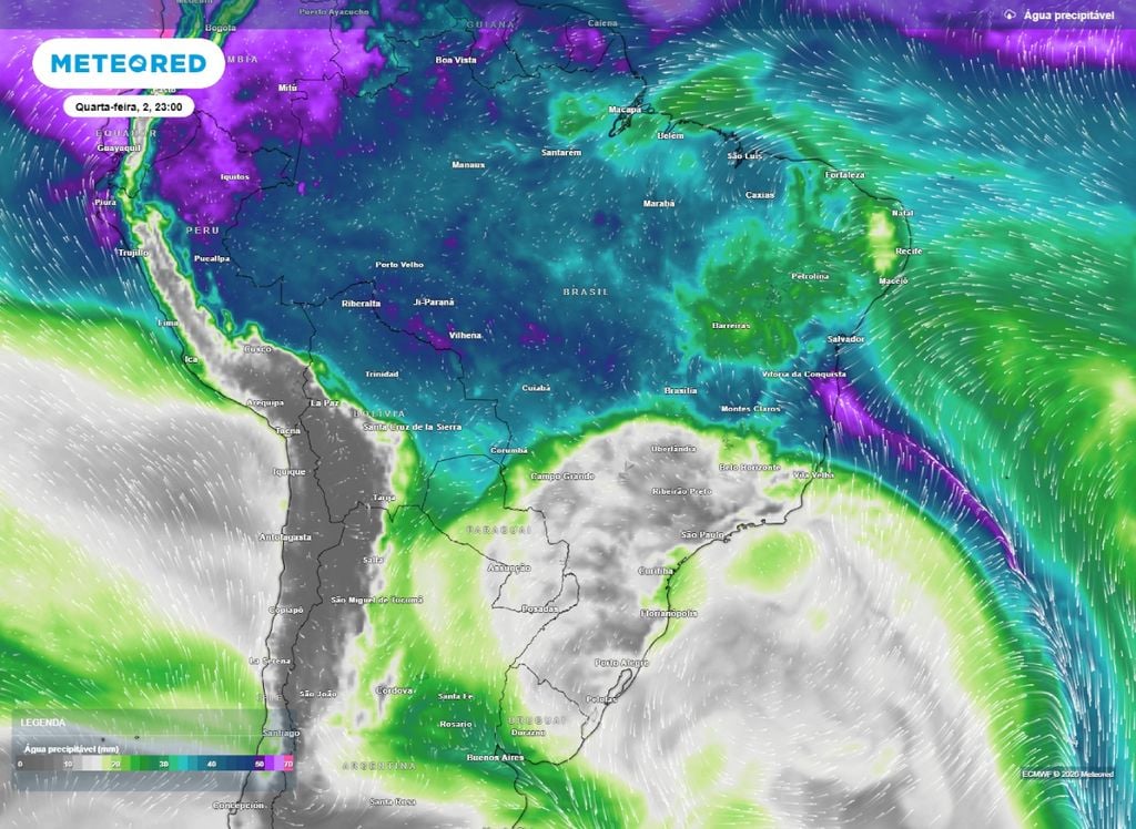 Presença de água precipitável na atmosfera para a noite desta quinta-feira (2). O mapa apresenta a frnte fria atuando sobre o Nordeste do Brasil e o tempo seco no Centro-Sul do país.