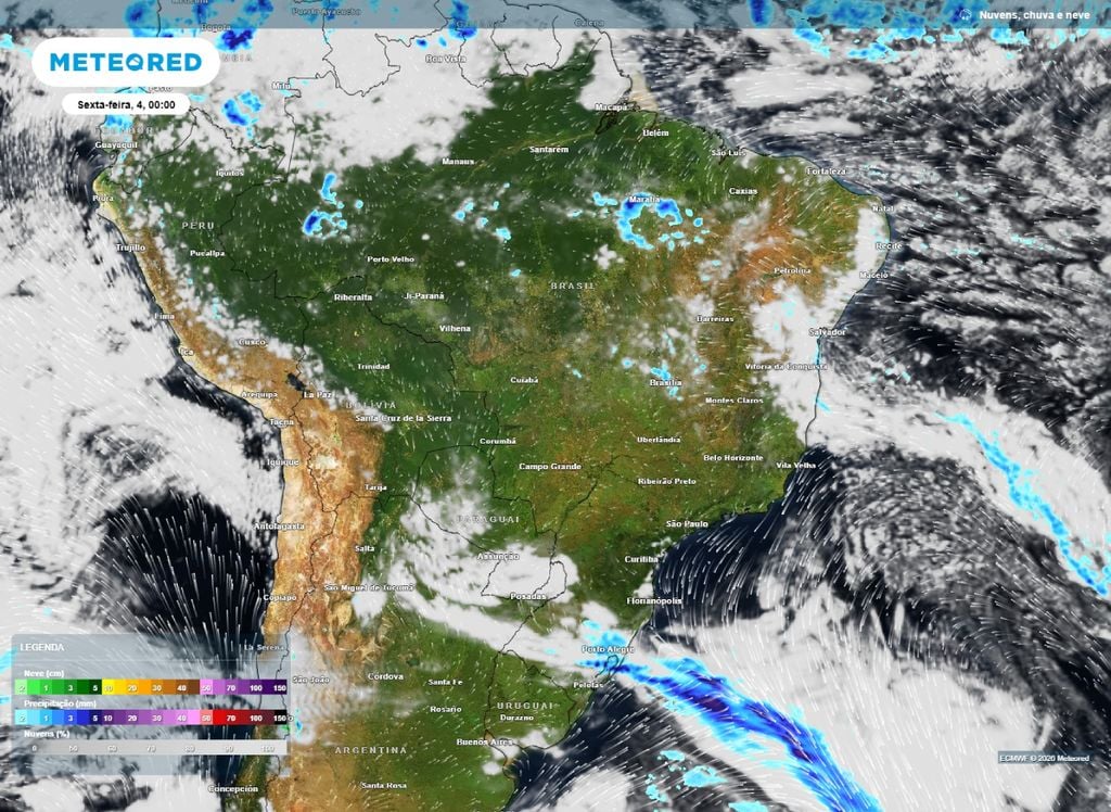 Nova frente fria avança e muda o tempo no Sul do Brasil a partir de sexta (4). Enquanto isso, tempo segue firme e estável em áreas do Centro-Oeste e Sudeste.