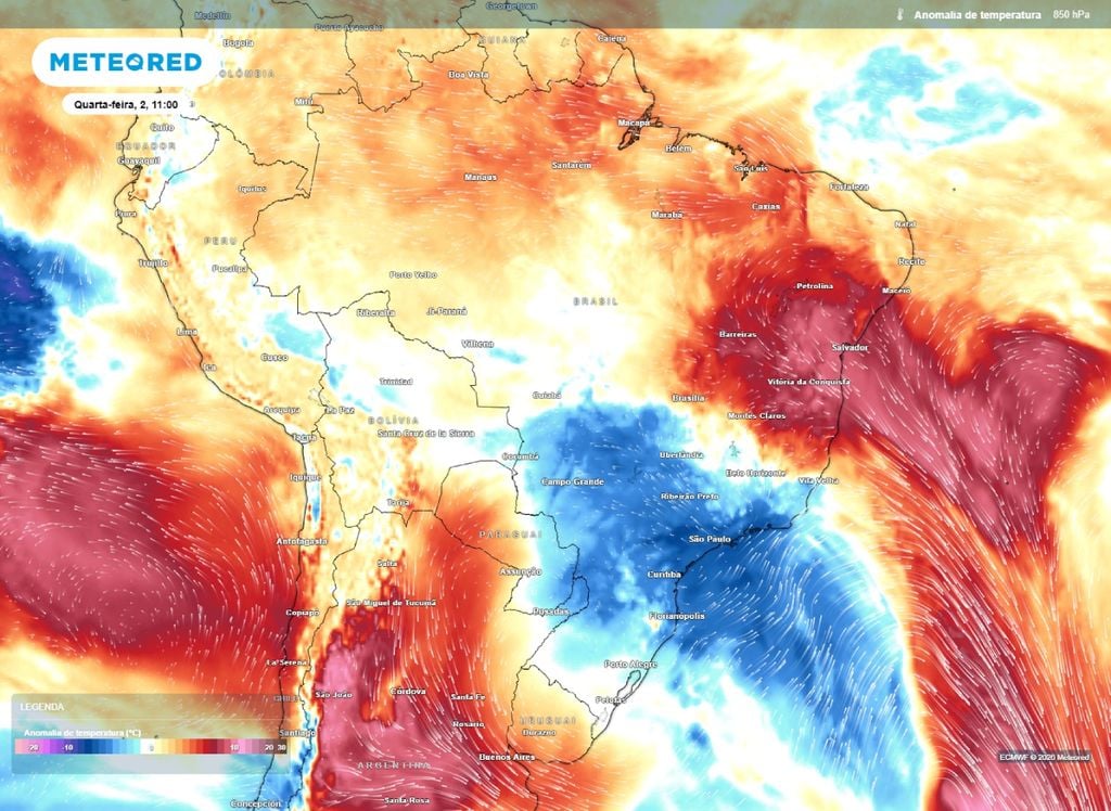 Mapa mostra a presença de ar frio sobre o Centro-Sul do Brasil.