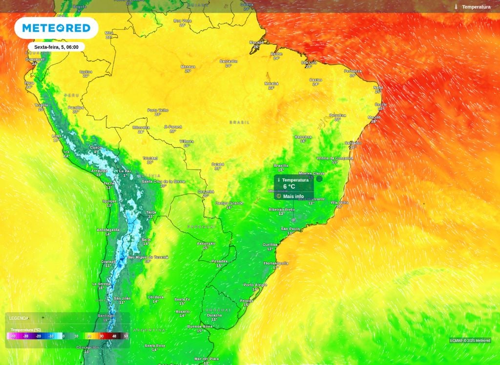 Temperatura prevista para a manhã de sexta-feira (5). Mínima prevista para a manhã de sexta-feira (5). As temperaturas ficam baixas em boa parte do Brasil, com termômetros abaixo dos 10°C na Serra da Mantiqueira e ar frio chegando a Bahia.