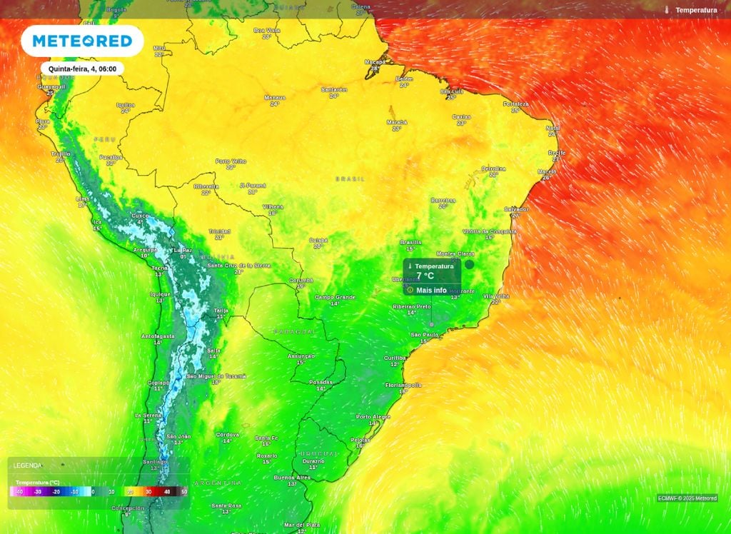 Temperatura mínima prevista para quinta-feira (4). Temperatura mínima prevista para quinta-feira (4). Temperaturas ficam baixas em boa parte do país.