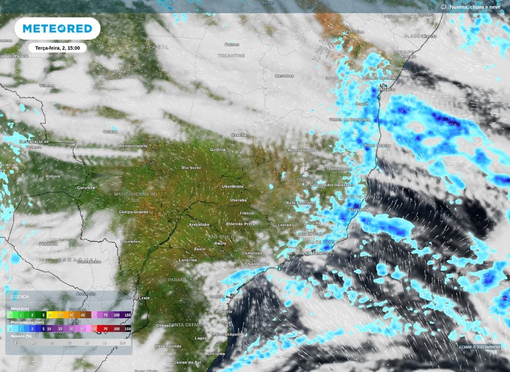 Previsão de nebulosidade e chuva. Precipitação e nebulosidade prevista para a tarde desta terça-feira (2). Chuvas podem ser intensas sobre o ES e áreas pontuais da BA.
