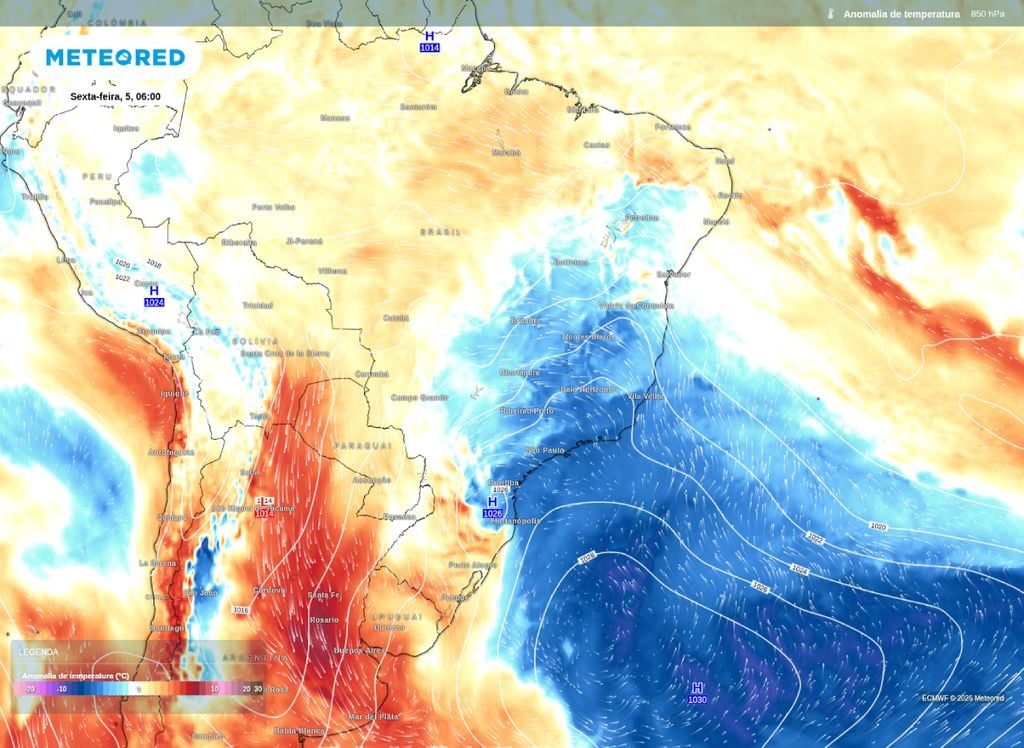 Anticiclone mantém atuação de ar frio e temperaturas baixas em áreas do Sul, Sudeste, parte do Centro-Oeste e Nordeste do Brasil.