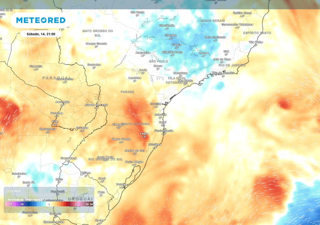 Previsão de anomalias de temperatura em 850 hPa no final do sábado mostra que a massa de ar frio já não estará mais presente sobre o Brasil, dando espaço para uma massa de ar mais quente.