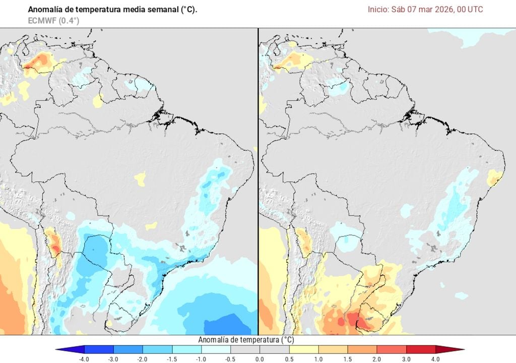 Previsão de anomalias de temperatura entre os dias 09 a 16/03 (esquerda) e 16 a 23/03 (direita) mostra que, no Sul do país, a massa de ar frio dará espaço a uma massa de ar quente.