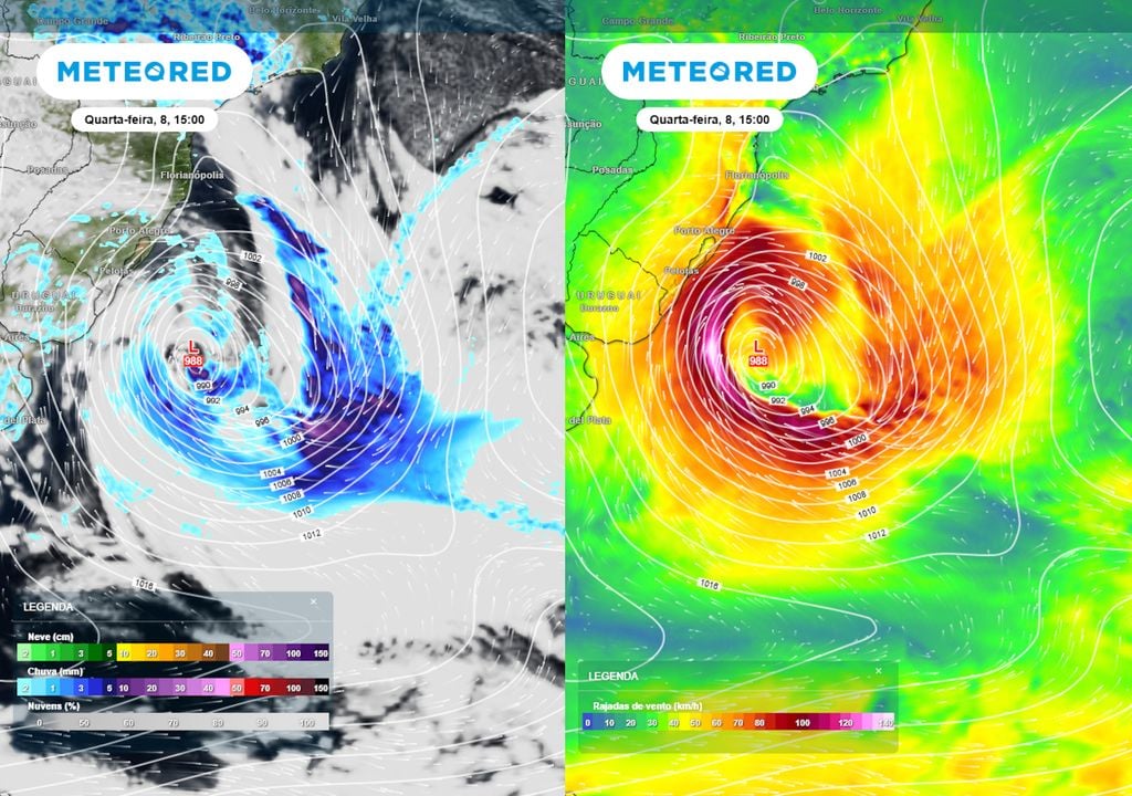 Previsão de pressão, nebulosidade, chuvas e rajadas de vento na quinta-feira durante a tarde mostra um ciclone intenso já se afastando da costa brasileira, mas causando chuvas e ventos fortes.