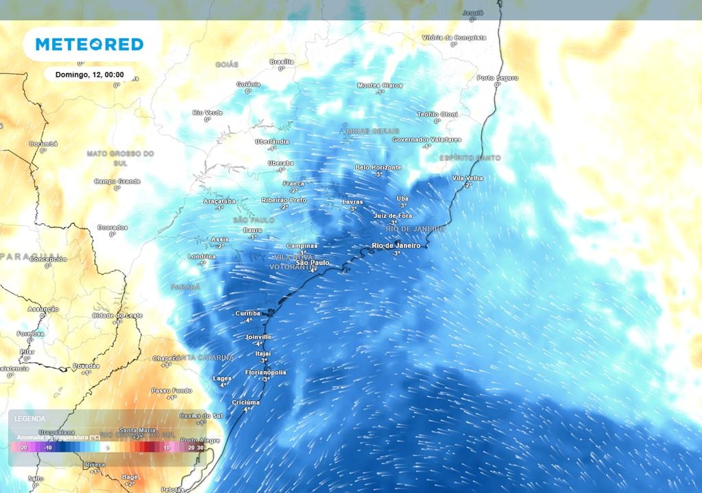 Previsão de anomalias de temperatura em 850 hPa no domingo de madrugada mostra uma massa de ar frio avançando pelo Sudeste do Brasil, após ter atingido a região Sul do país.