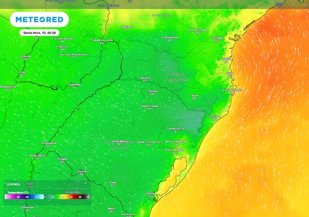 Previsão de temperaturas mínimas na sexta-feira durante a madrugada mostra ocorrência de temperaturas inferiores a 10°C em parte do Rio Grande do Sul e de Santa Catarina.